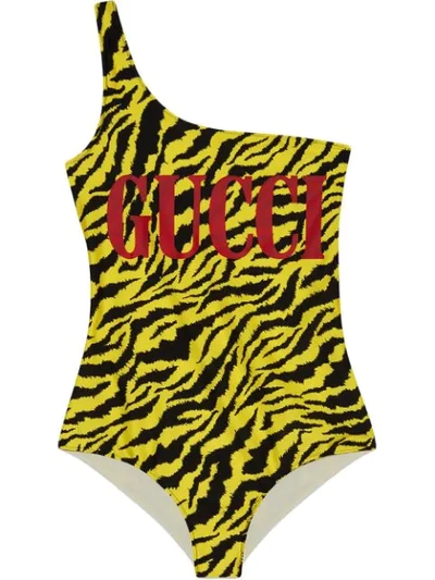 Shop Gucci Tiger Print One Shoulder Printed Swimsuit - Yellow