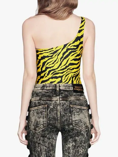 Shop Gucci Tiger Print One Shoulder Printed Swimsuit - Yellow