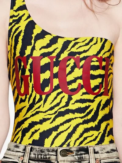 Shop Gucci Tiger Print One Shoulder Printed Swimsuit - Yellow
