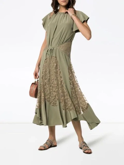 Shop Chloé Lace Insert Silk Dress In Green
