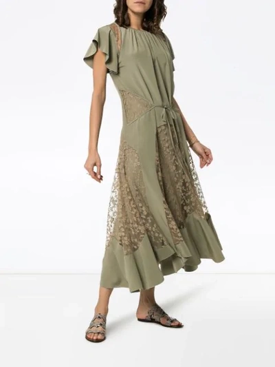 Shop Chloé Lace Insert Silk Dress In Green
