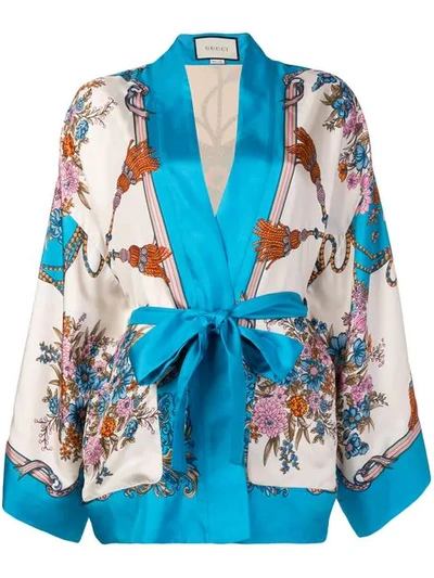 Shop Gucci Floral Print Kimono Jacket In Neutrals