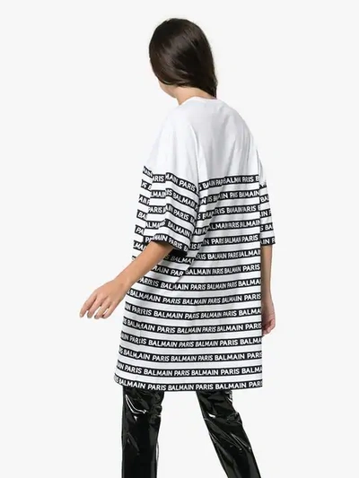 Shop Balmain Oversized Logo Stripe Print Cotton T Shirt In White
