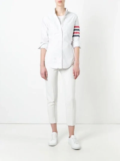 Shop Thom Browne Long Sleeve Button Down With Woven 4-bar Stripe In University Stripe Oxford In White