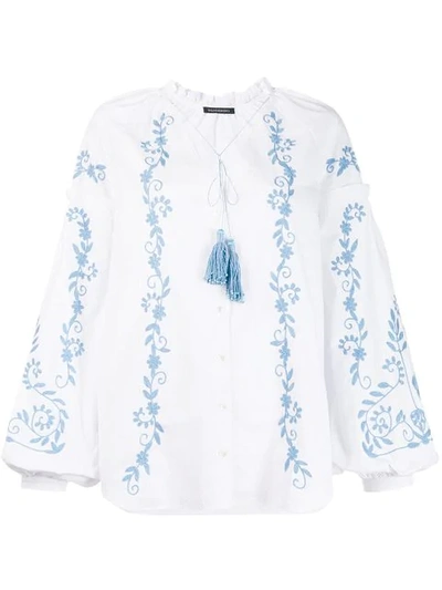 Shop Wandering Embroidered Puff Sleeve Blouse In White With Lt Blue Embr