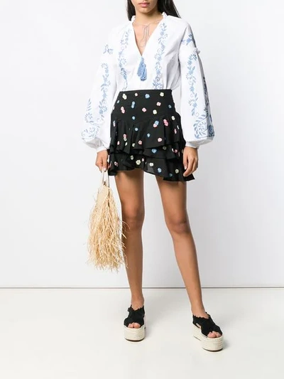 Shop Wandering Embroidered Puff Sleeve Blouse In White With Lt Blue Embr