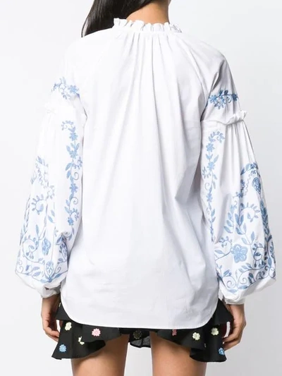 Shop Wandering Embroidered Puff Sleeve Blouse In White With Lt Blue Embr