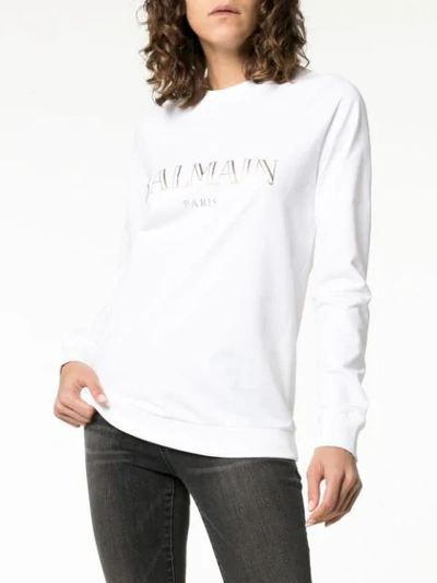 Shop Balmain White Logo Print Cotton T Shirt
