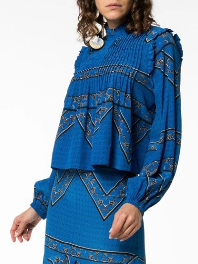 Ganni Cloverdale Pleat Detail Printed Silk Blouse In 593 Lapis Blue |  ModeSens