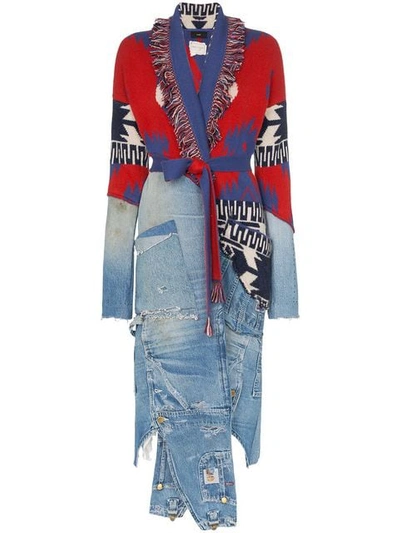 Shop Alanui X Greg Lauren Denim And Cashmere Overalls Cardigan In Red