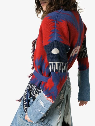 Shop Alanui X Greg Lauren Denim And Cashmere Overalls Cardigan In Red