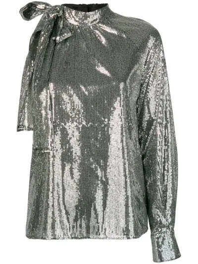 Shop Msgm One Sleeve Sequin Top In Silver