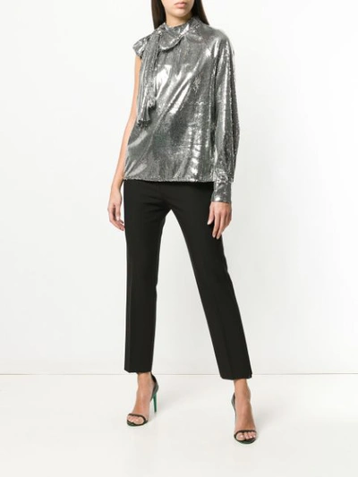 Shop Msgm One Sleeve Sequin Top In Silver