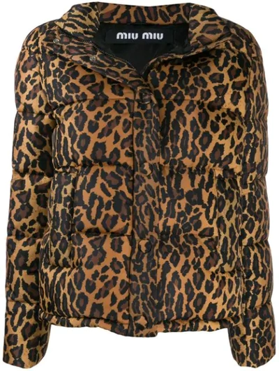 Shop Miu Miu Leopard Print Puffer Jacket In Brown