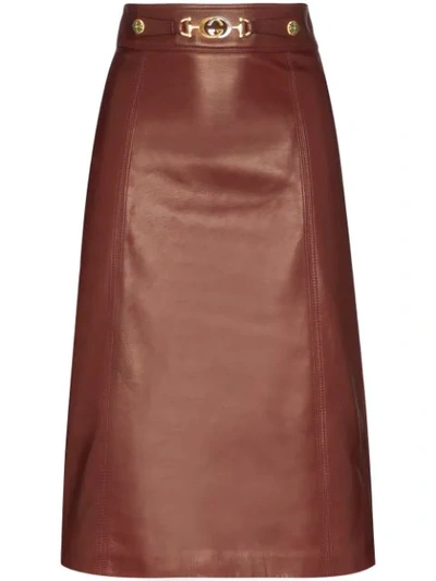 Shop Gucci Horsebit Detail Midi Skirt In Brown