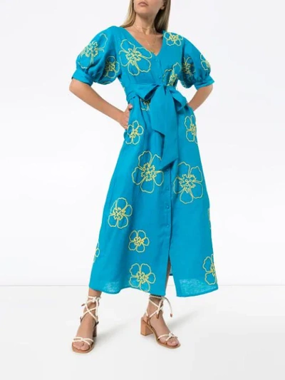 ALL THINGS MOCHI KALEO FLORAL-EMBROIDERED MIDI DRESS - 蓝色