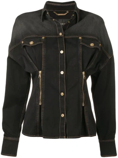 Shop Versace Fitted Waist Denim Jacket - Black