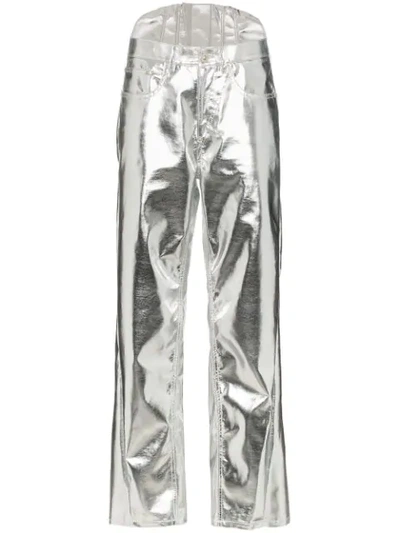 Shop Pushbutton Straight-leg Corseted Metallic Trousers In Silver