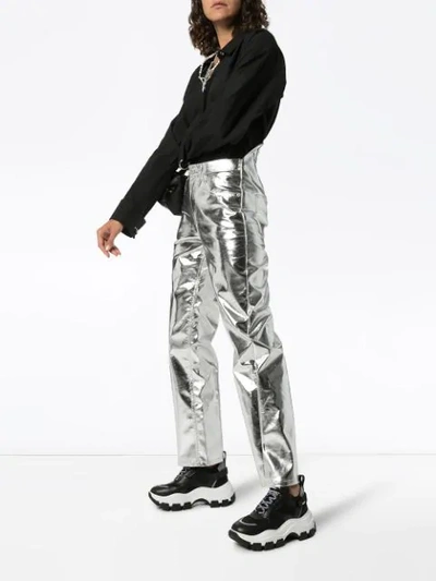 Shop Pushbutton Straight-leg Corseted Metallic Trousers In Silver
