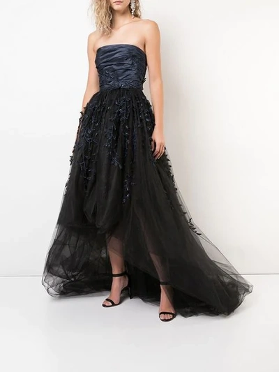 Shop Oscar De La Renta Strapless Embroidered Tulle Gown In Blue