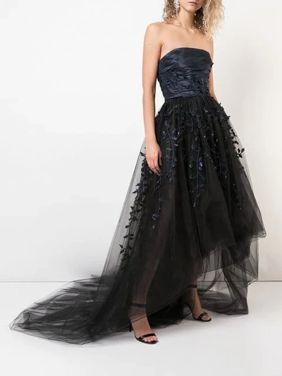 Shop Oscar De La Renta Strapless Embroidered Tulle Gown In Blue