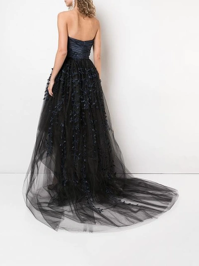 Shop Oscar De La Renta Strapless Embroidered Tulle Gown In Blue