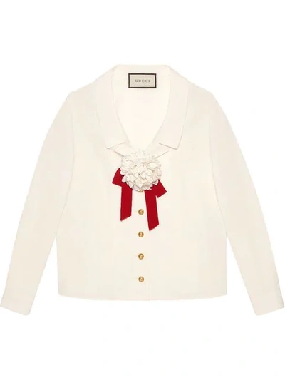 Shop Gucci Floral Brooch Detail Blouse In White