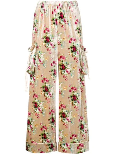 Pre-owned Comme Des Garçons Floral Print Velvet Trousers In Neutrals