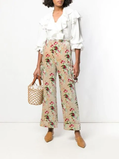 Pre-owned Comme Des Garçons Floral Print Velvet Trousers In Neutrals