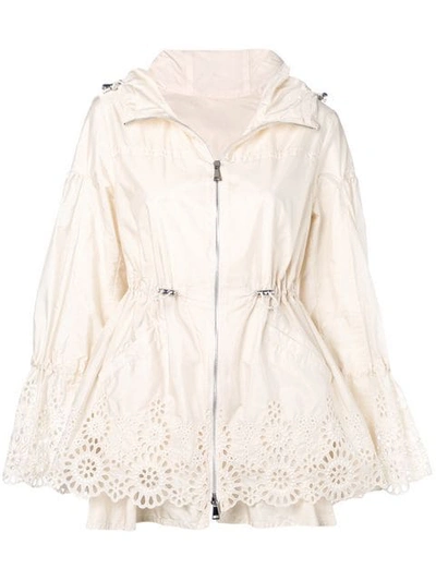 Moncler 'brazzaville' Floral Lace Trim Drawstring Waist Hooded Parka In Neutrals