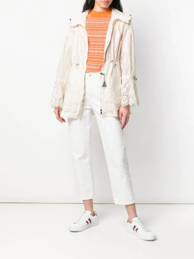 Moncler 'brazzaville' Floral Lace Trim Drawstring Waist Hooded Parka In Neutrals