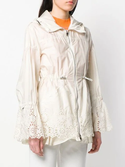Moncler 'brazzaville' Floral Lace Trim Drawstring Waist Hooded Parka In Neutrals