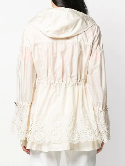 Moncler 'brazzaville' Floral Lace Trim Drawstring Waist Hooded Parka In Neutrals