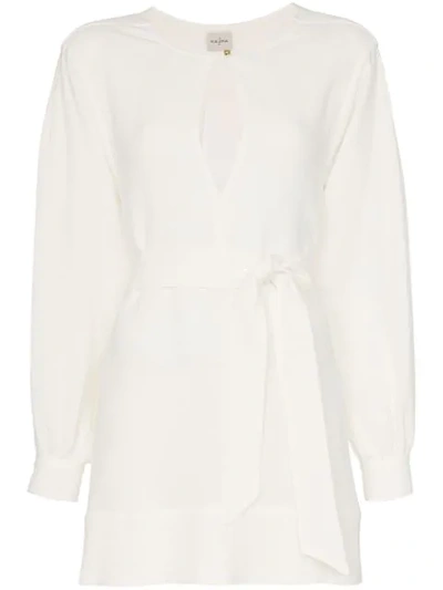 Shop Le Kasha Byblos Long-sleeved Keyhole Linen Mini Dress In White