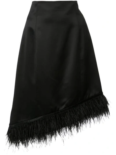 Shop Josie Natori Feather-trimmed Asymmetric Satin Skirt In Black