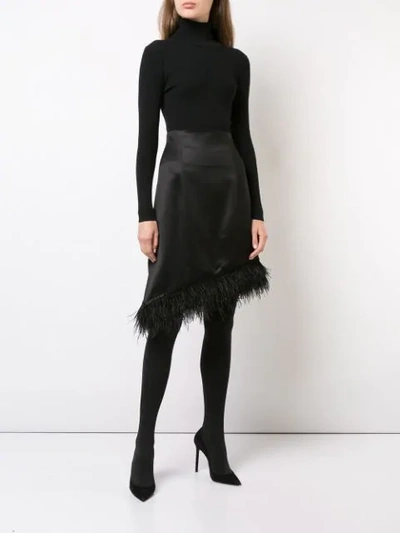 Shop Josie Natori Feather-trimmed Asymmetric Satin Skirt In Black