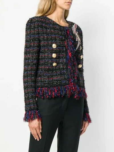 Shop Balmain Embellished Fringed Tweed Jacket In Black