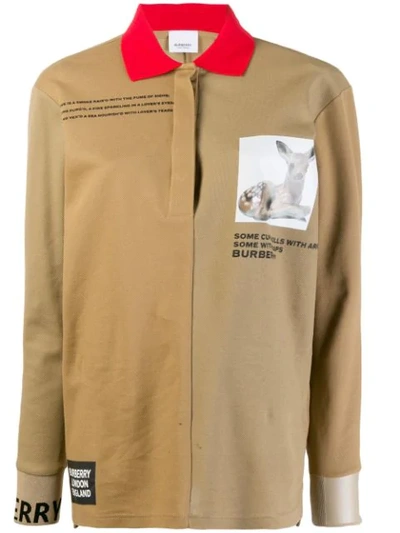 Shop Burberry Long-sleeve Montage Print Cotton Polo Shirt In Neutrals