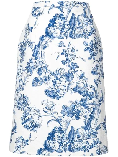 Shop Oscar De La Renta Floral Print Midi Skirt In White
