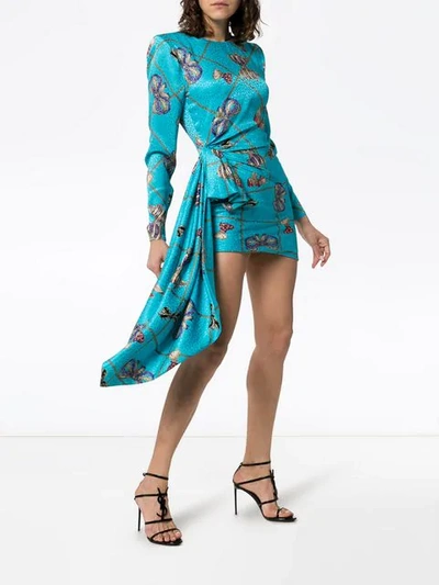 Shop Alessandra Rich Bow Print Silk Mini Dress In 1604 Turquoise