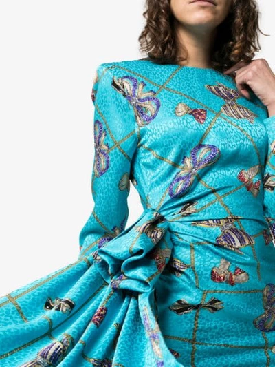 Shop Alessandra Rich Bow Print Silk Mini Dress In 1604 Turquoise