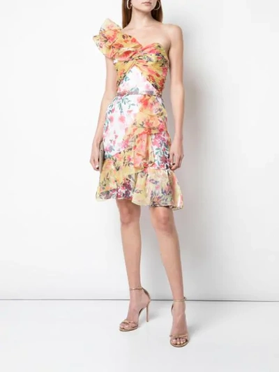 Shop Marchesa Notte Floral Print Ruffled Dress In Yellow