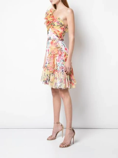 Shop Marchesa Notte Floral Print Ruffled Dress In Yellow
