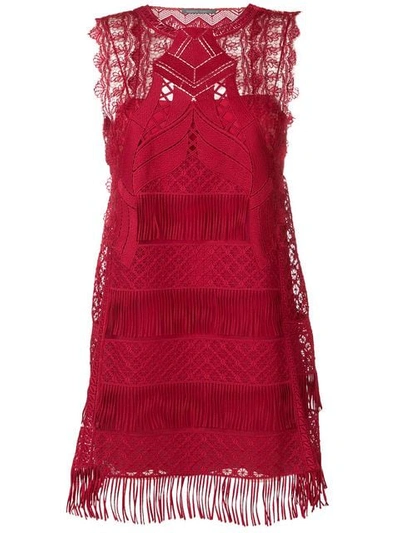Shop Alberta Ferretti Fringed Hem Mini Dress In Red