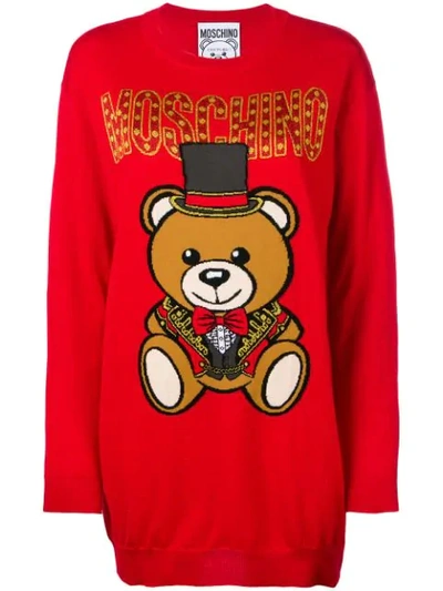 Shop Moschino Teddy Bear Sweater Dress In Red