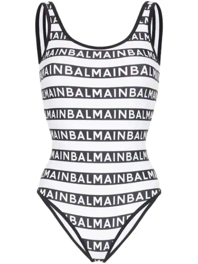 Shop Balmain Logo-stripe Swimsuit In 201 Black White