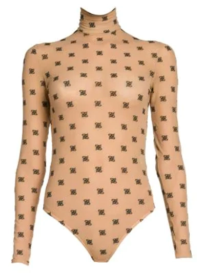 Shop Fendi Embroidered Logo Stretch Tulle Bodysuit In Nude