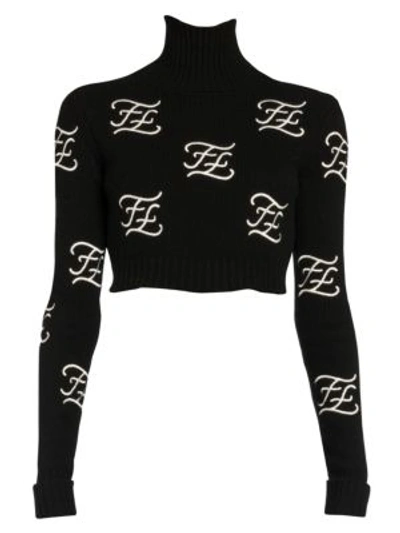 Shop Fendi Embroidered Logo Crop Turtleneck Sweater In Black