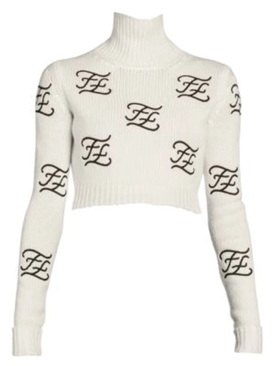 Shop Fendi Women's Embroidered Logo Crop Turtleneck Sweater In White