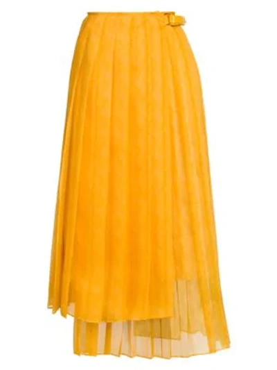 Shop Fendi Feathered Organza Asymmetric Pleated Skirt In Yellow